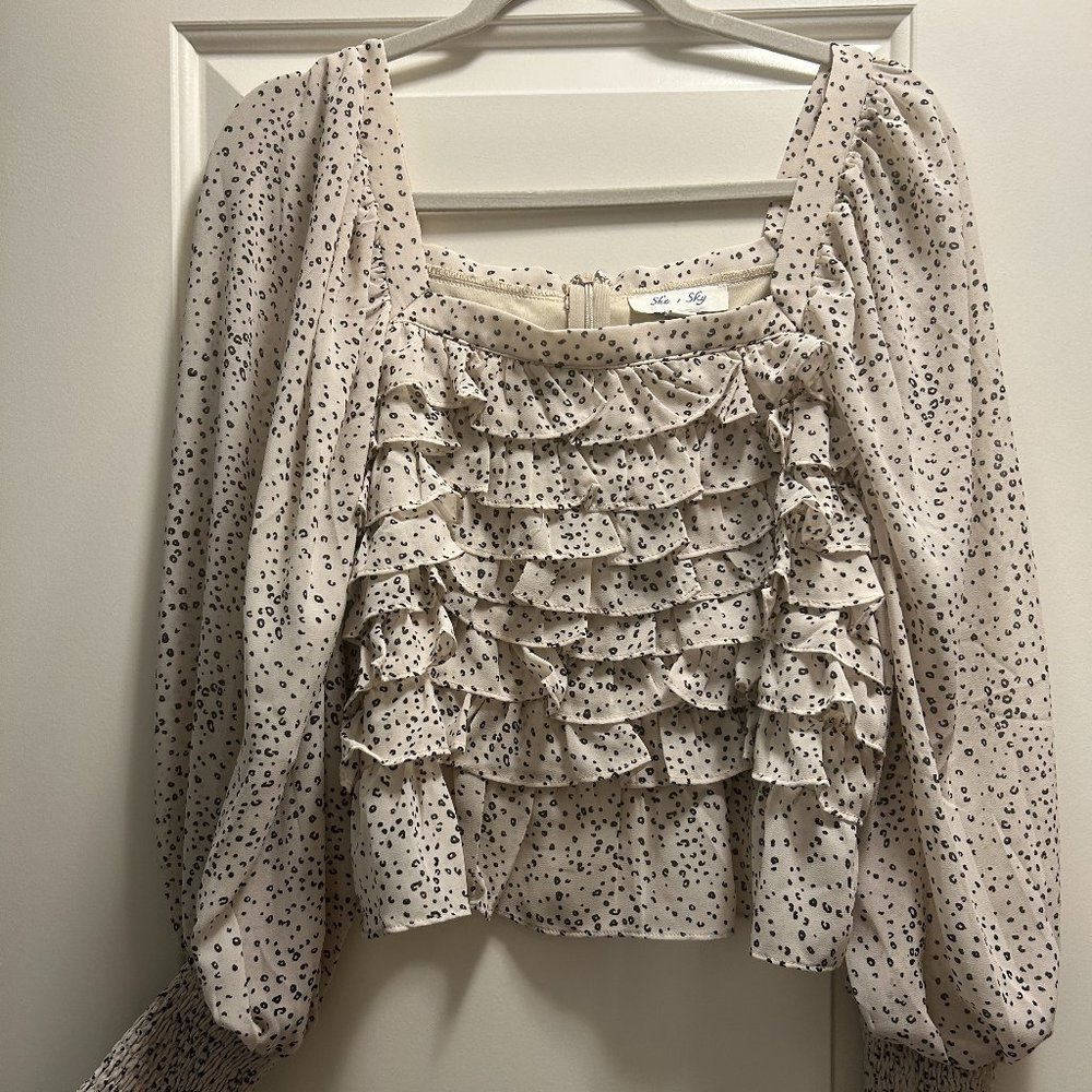 Boutique Blouse | Polka Dot Print | Front Ruffles | Zipper Closure | Square Neck